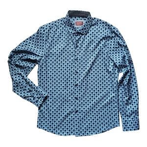 Consequence Diamond Geometric Patterned Navy Blue Button Up Long Sleeve Shirt